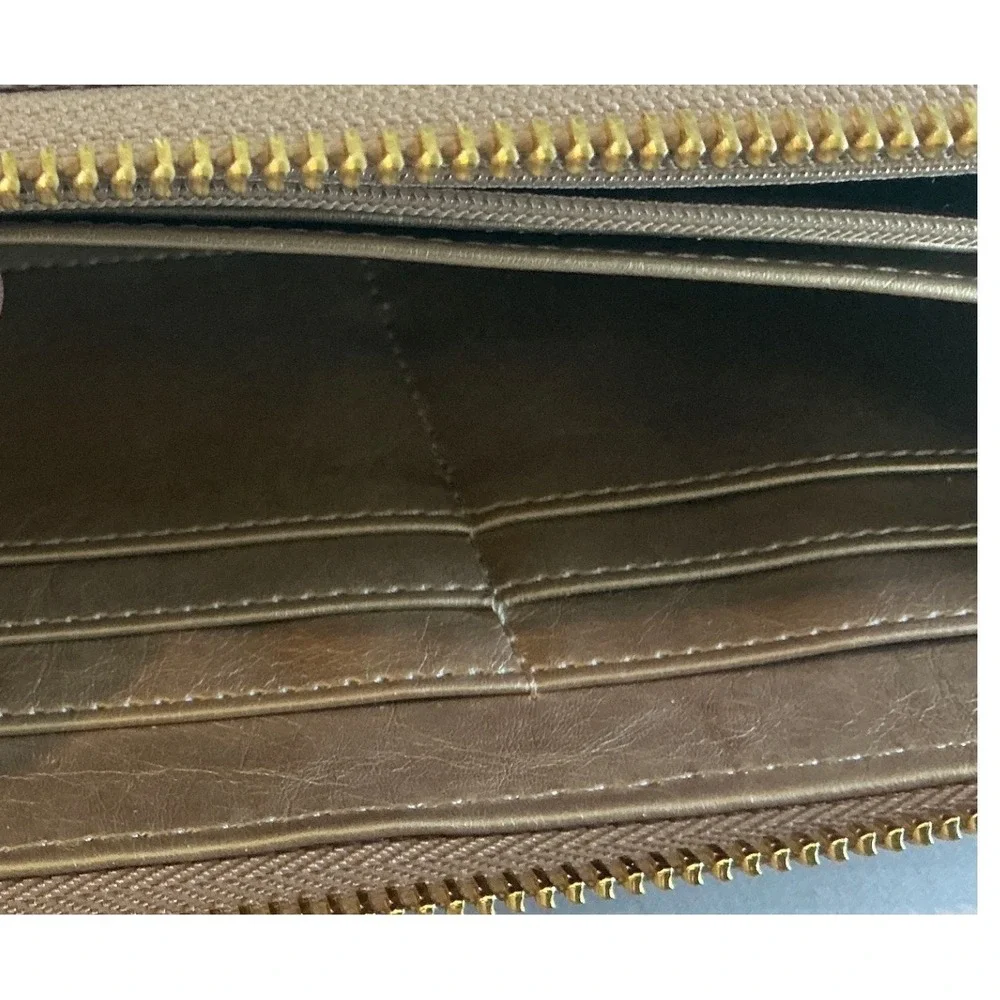 Anne Klein Monogram Zip Around Wallet Taupe Beige Logo Gold Tone Lion Large Slim